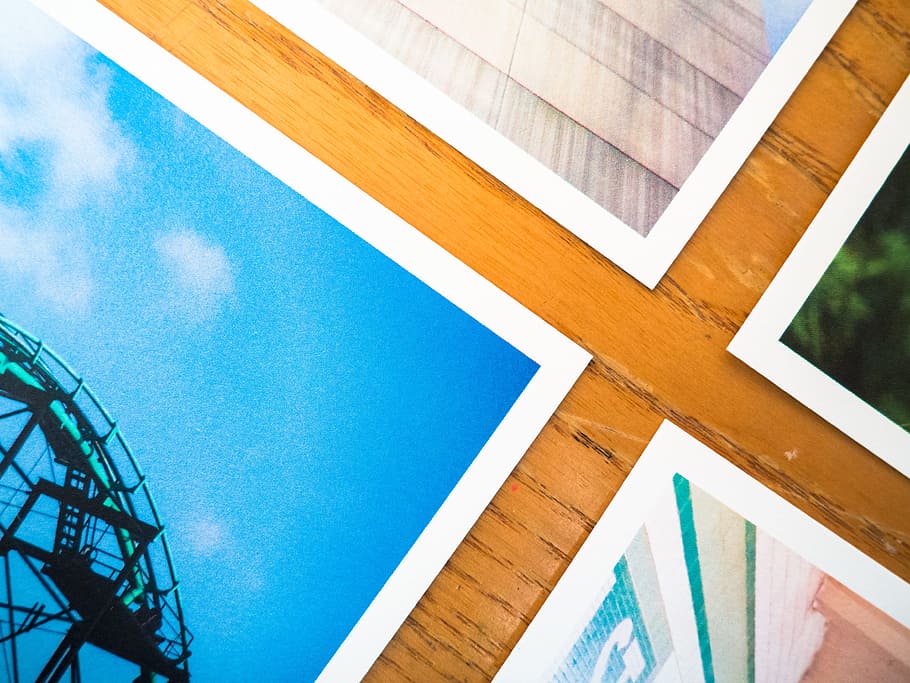 photos on desk, Photos, Desk, paper, prints, rollercoaster, wood, Macro, Objects, Workspace