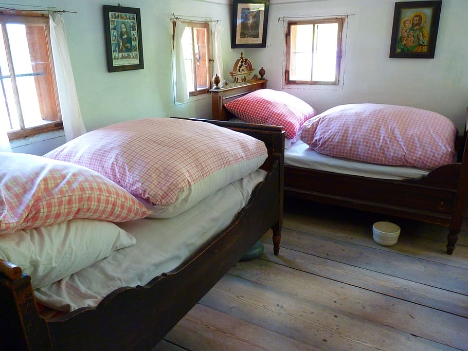 two, brown, wooden, bed frames, Bed, Beds, Bedroom, Feather, feather beds, farmhouse