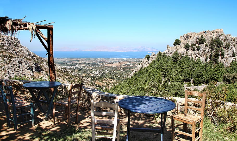 view, greece, kos, chair, table, castle, paleo pili, sky, landscape, nature