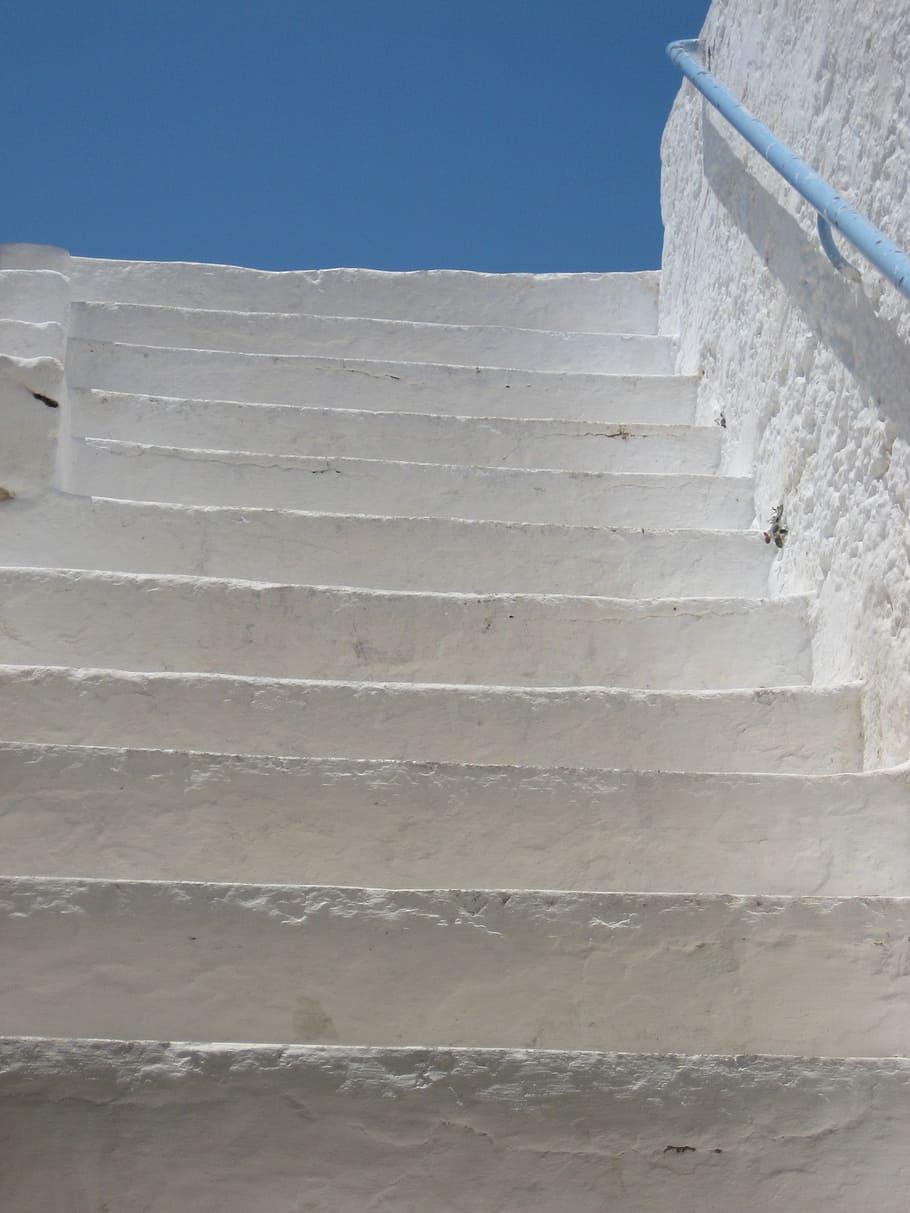 blue island crete, greece, stairs, rise, sky, blue, built structure, architecture, low angle view, wall - building feature