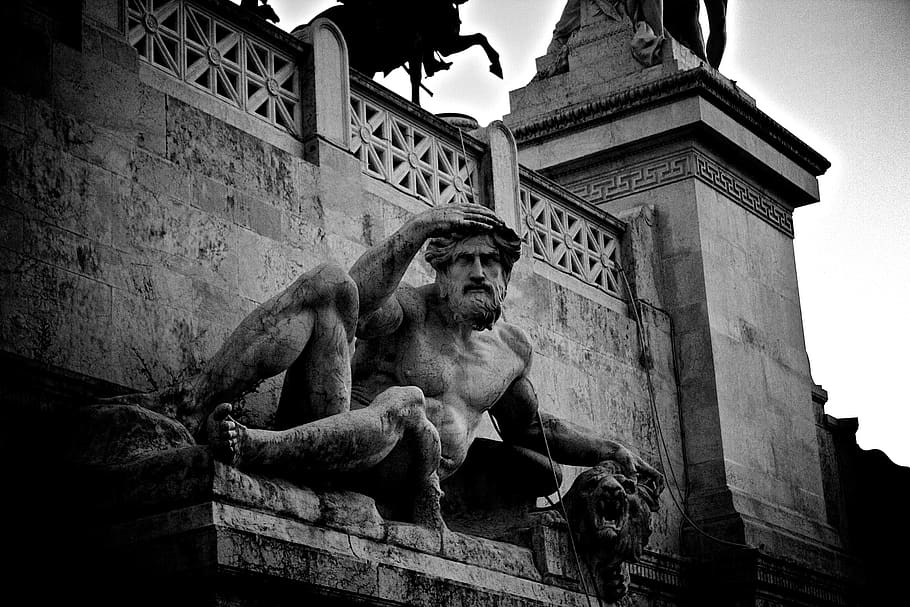 statue, sculpture, roman, architecture, art, Rome, black and white, built structure, art and craft, representation