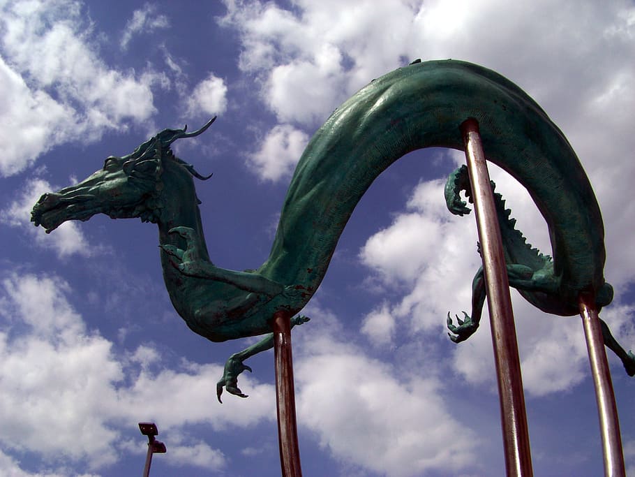 green, dragon statue, cloudy, sky, daytime, Dragons, Statue, Dark, Sculpture, black