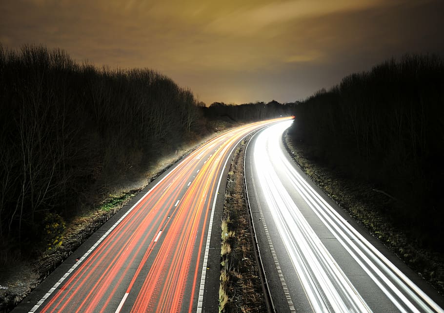 time lapse photo, two, highways, light trail, long exposure, night, long, exposure, traffic, road