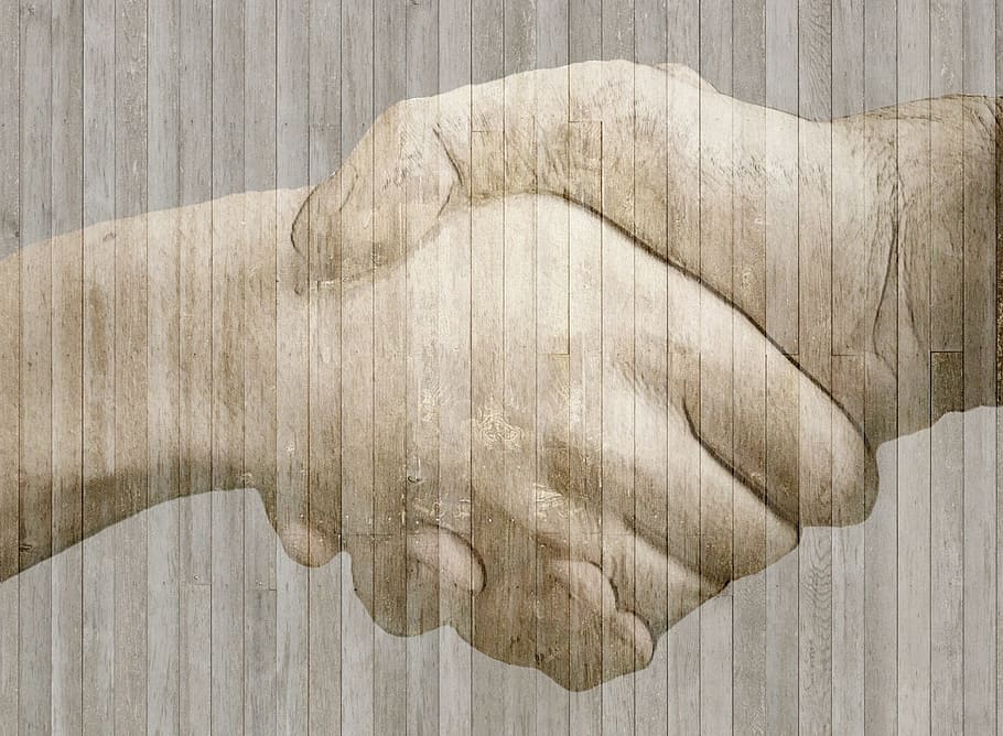 two, person, shaking, hands, together, handshake, wood, fence, border, grunge