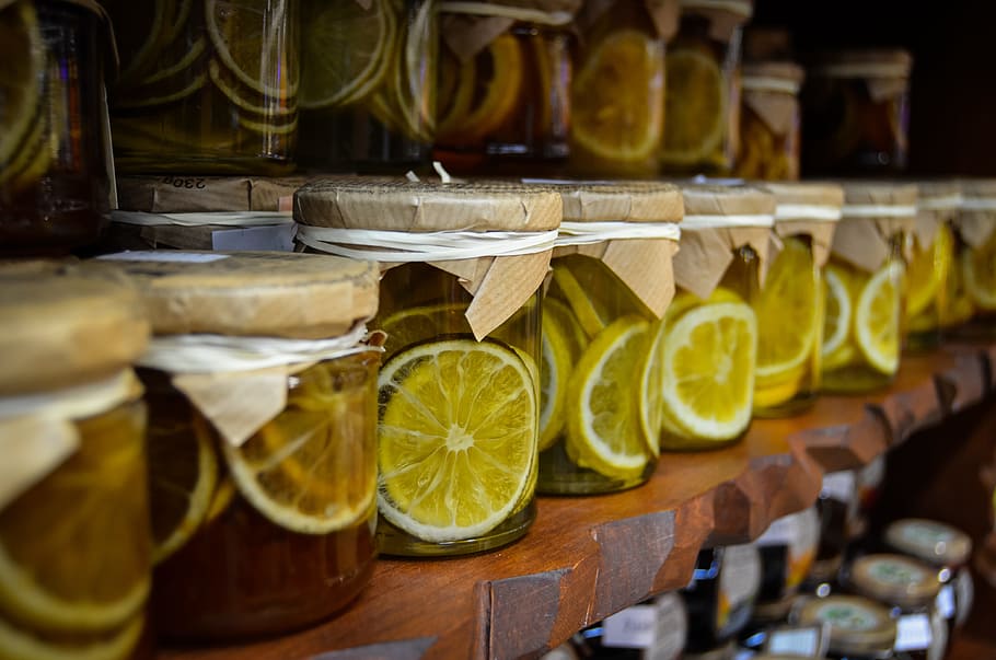lemon, infused, jars, shelf, preparations, jam, natural food, eating, eco, fruit