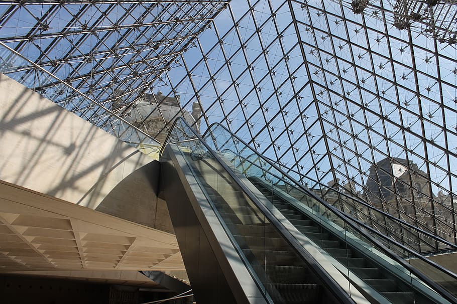 paris, louvre, pyramid, stair, escalator, architecture, built structure, low angle view, building exterior, modern