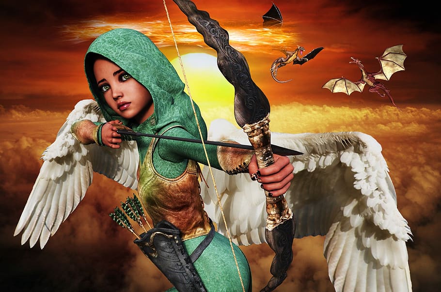 fantasy, warfare, battle, heavens, bow and arrows, archer, wings, child, childhood, weapon