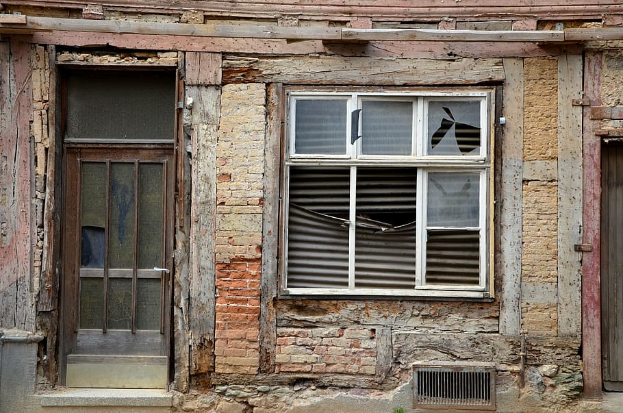 brown wooden door, home, demolition, old, dilapidated, window, door, rehabilitation, lapsed, leave