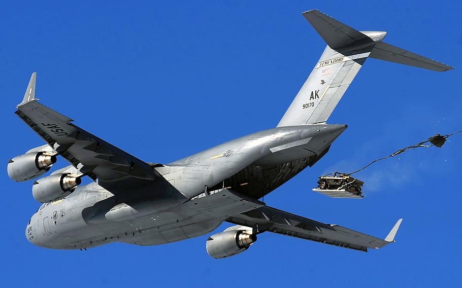 gray, aircraft, dropping, truck, cargo jet, c-17, airdrop, humvee, sky, clouds