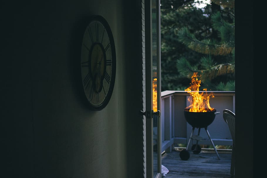 barbecue, bbq, grill, fire, flame, deck, cookout, fire - natural phenomenon, burning, window