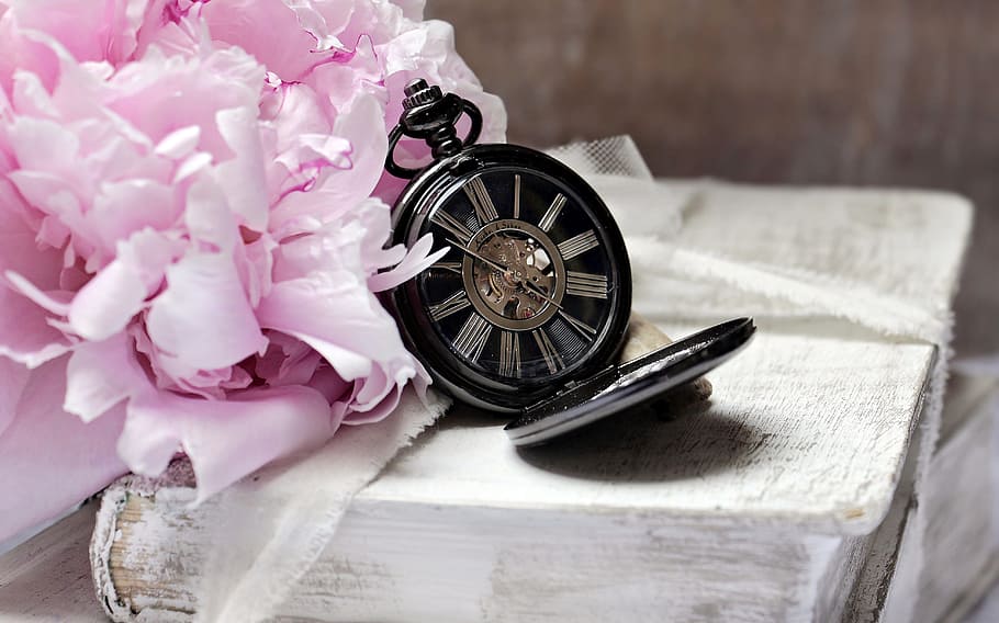 검은, 해골 주머니, 손목 시계, 옆에, 담홍색, 꽃잎이 달린 꽃, 회중 시계, 자주색 꽃, 꽃다발, 서적