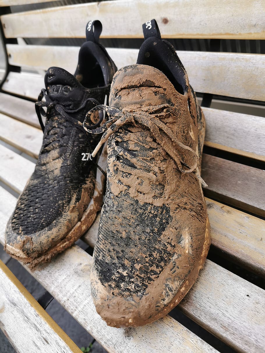 dirt, shoes, dirty, mud, hike, shoe, pair, still life, wood - material, close-up
