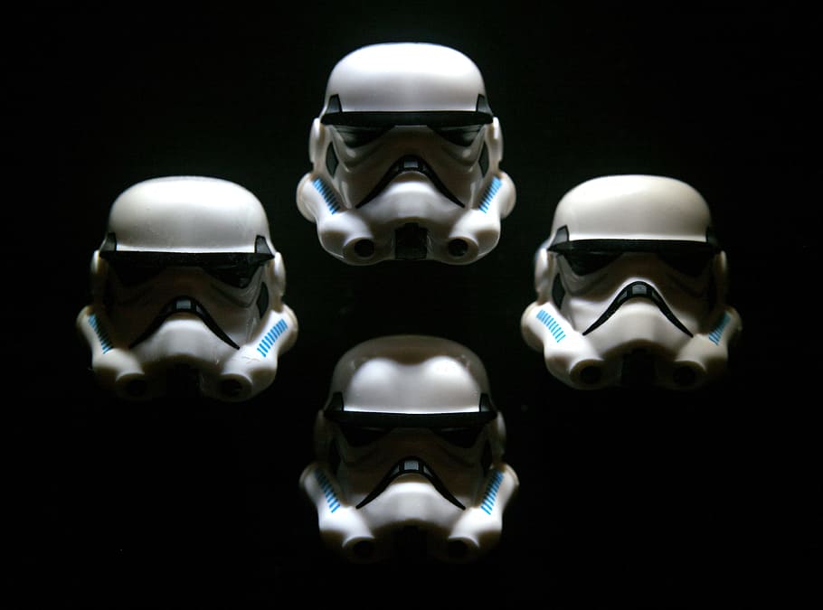 four, star, wars, storm, trooper, helmets, black, background, four Star, Star Wars