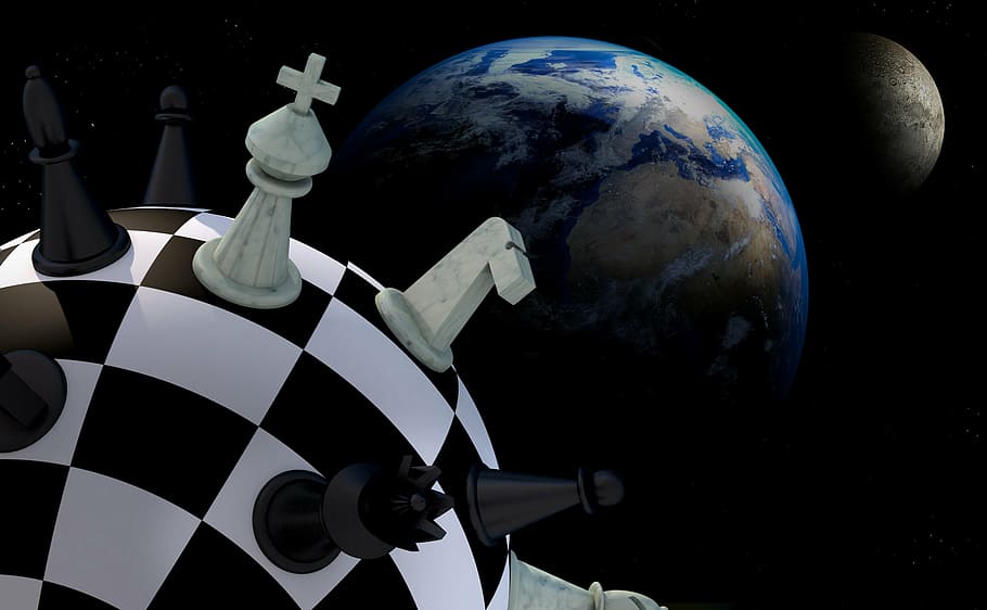 chess game illustration, chess, figures, space, earth, planet, chess board, ball, strategy, chess pieces