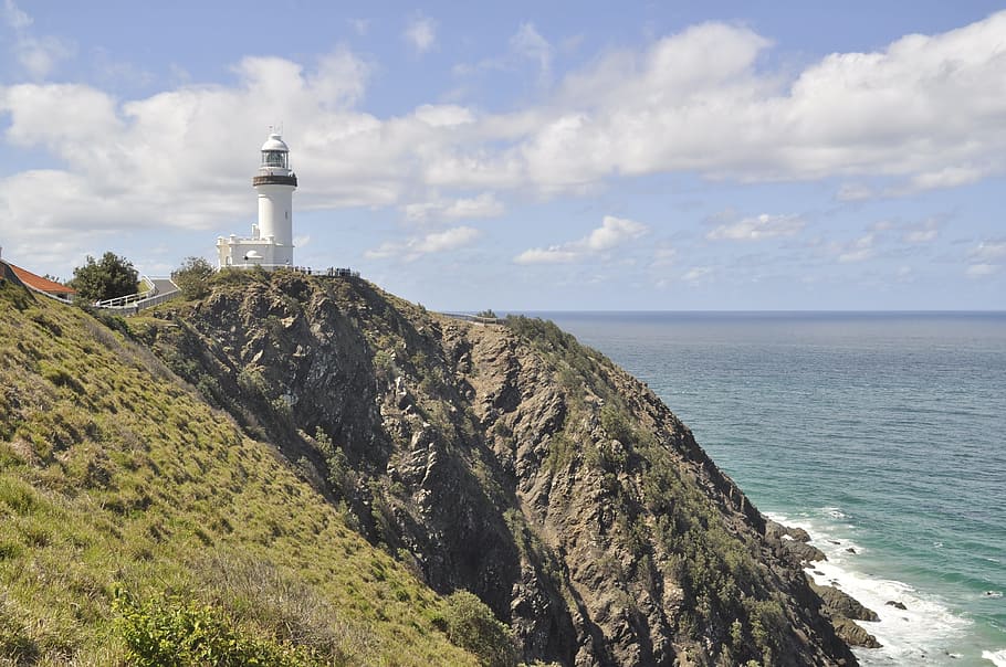 white, lighthouse, cliff, coast, australia, byron bay, booked, sea, coastline, nature