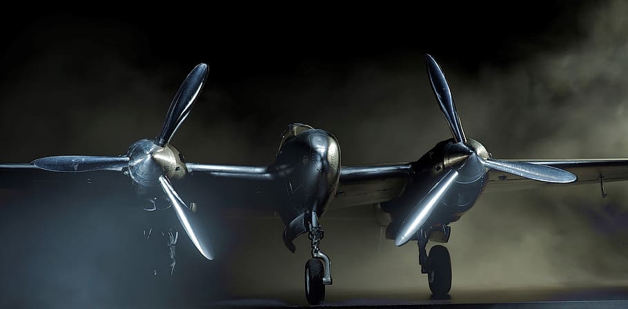 p38-lightning, aircraft, model, light painting, smoke and light, glow, airplane, air vehicle, technology, flying