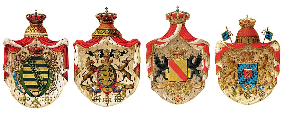 four red-and-brown logos, heraldry, coat of arms of germany, germany, crown, shield, mantle, ermine, lions, symbolism