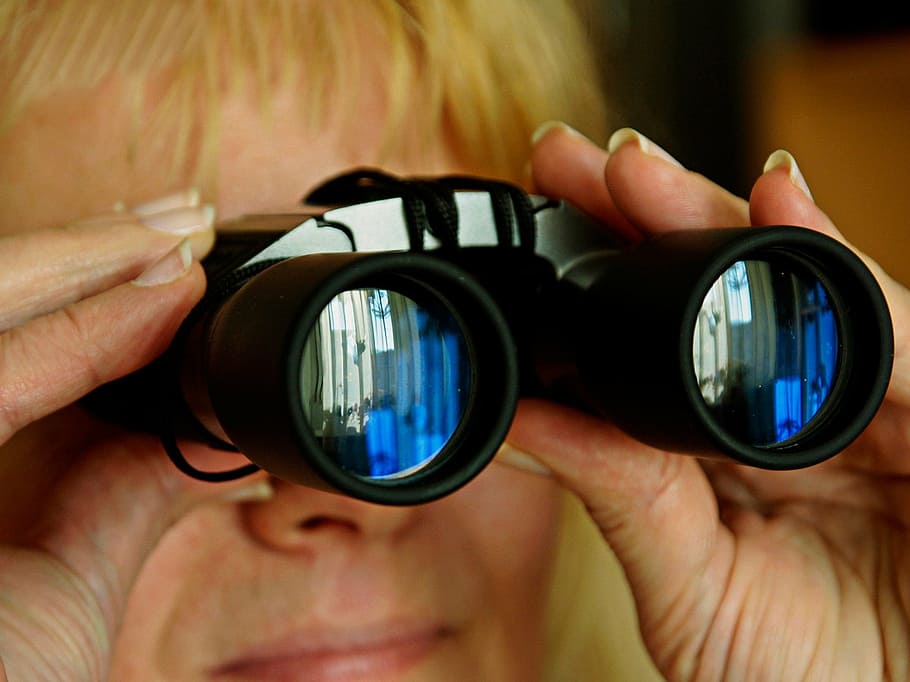 person, using, black, binoculars, spinage, look, peek, watch, view, optics