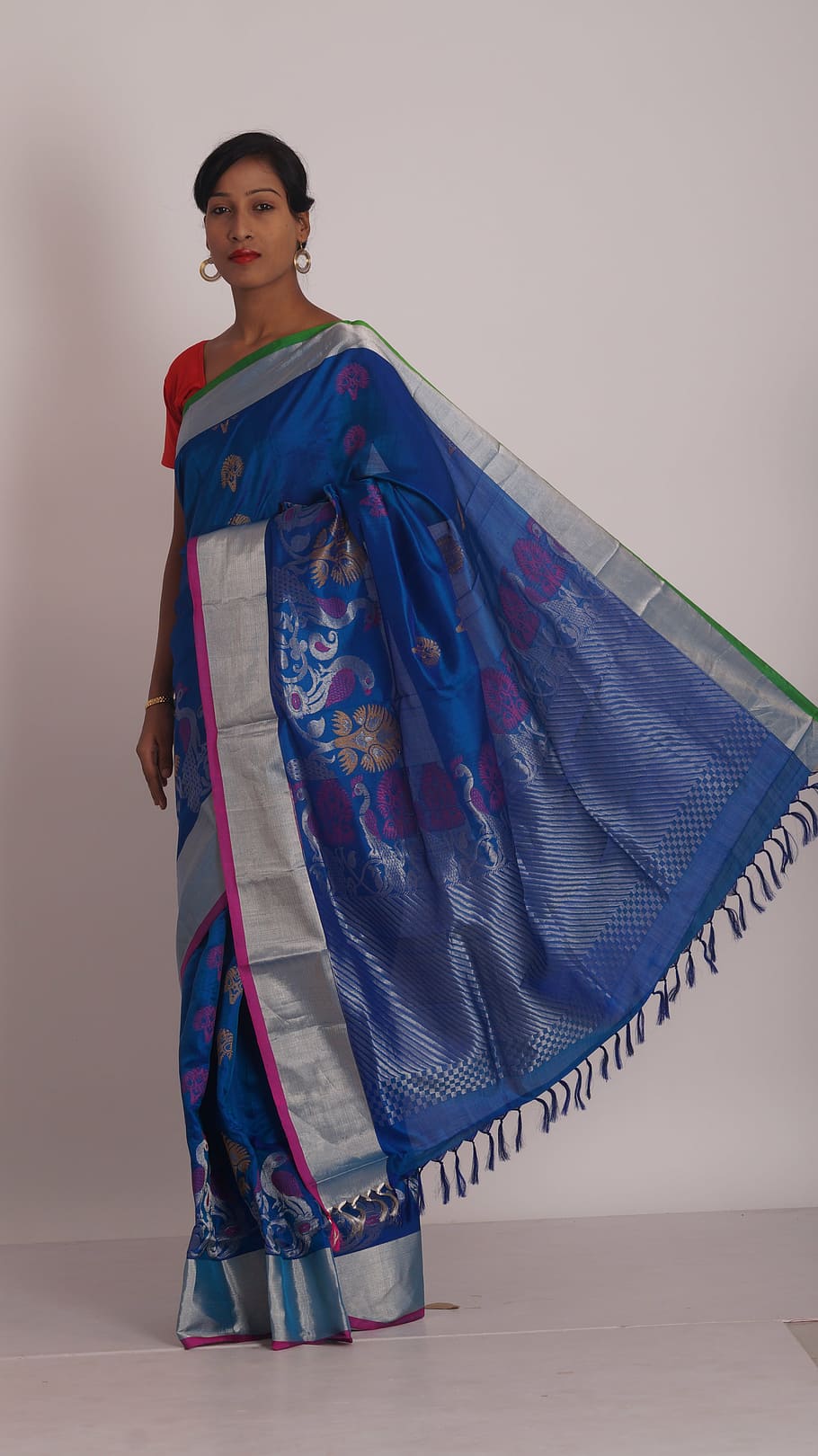sari, sari warna biru, pakaian wanita, pakaian India, tradisional, satu orang, pakaian tradisional, pakaian, di dalam ruangan, berdiri