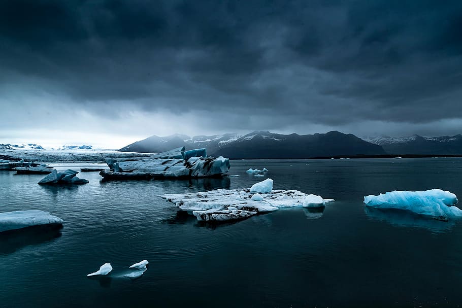 ice chunks, body, water, mountain, gray, clouds, sea, ocean, blue, nature