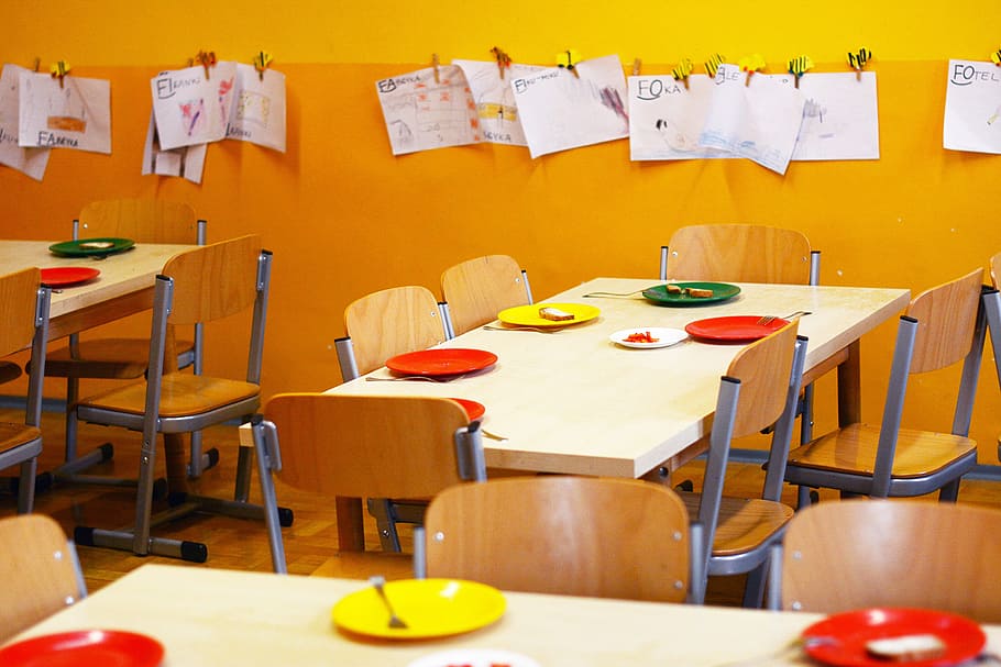 rectangular white-top table, Kindergarten, School, Main, Yellow, the main, colors, science, fun, meal