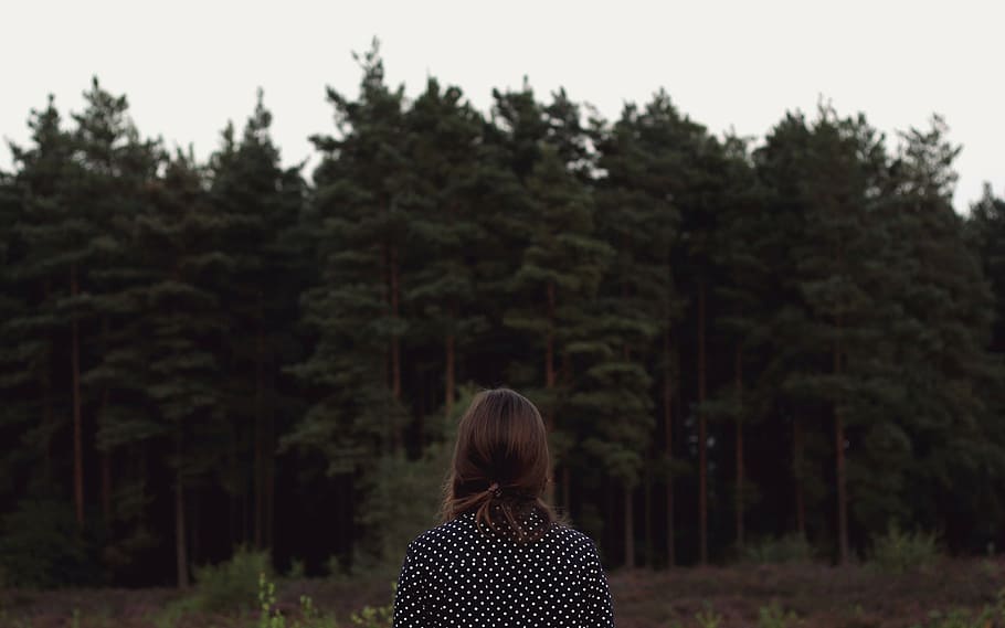woman, facing, trees, taken, daytime, white, black, top, pine, woods