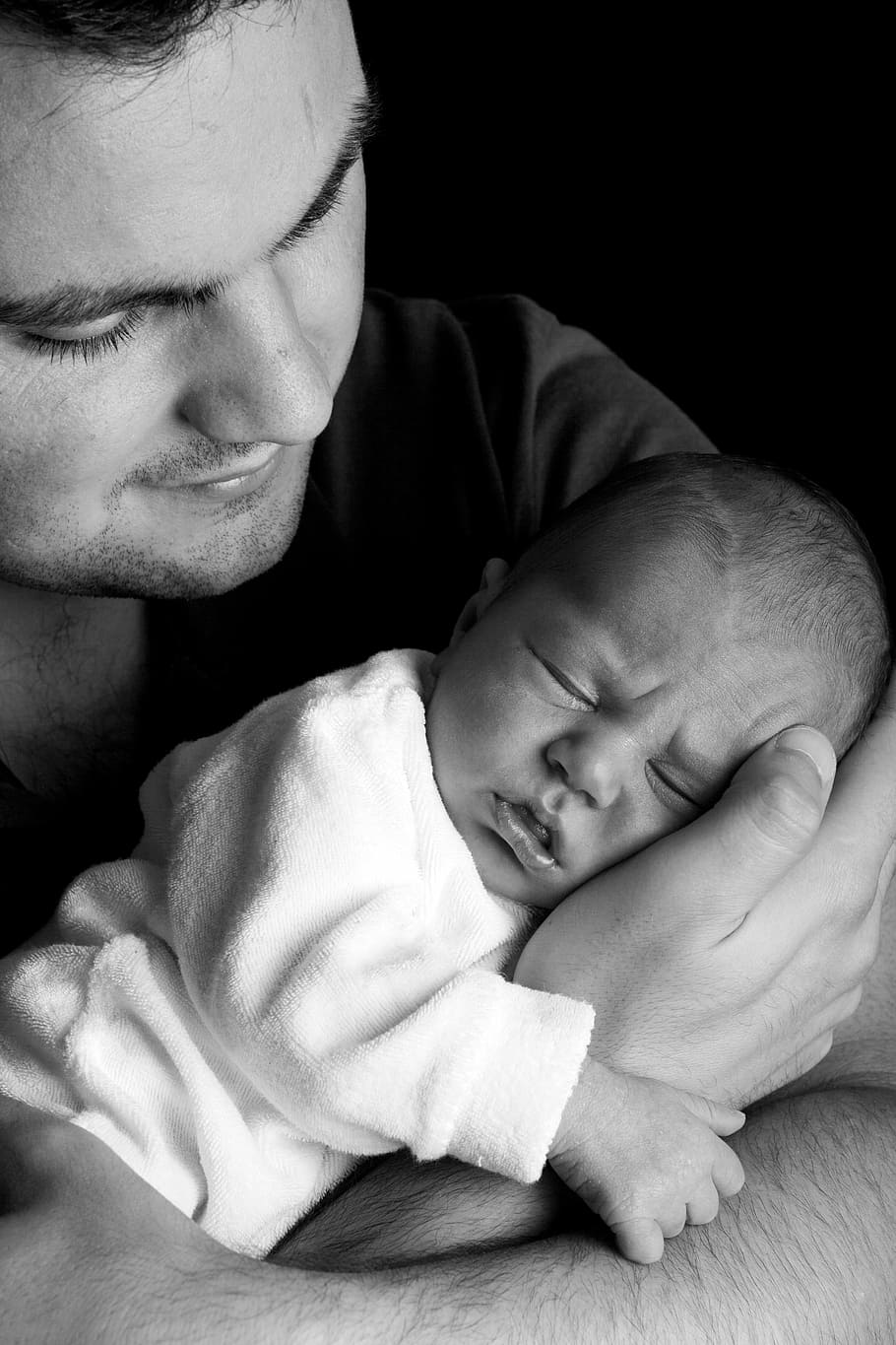 man, carrying, newborn, grayscale photo, baby, care, child, cute, dad, face