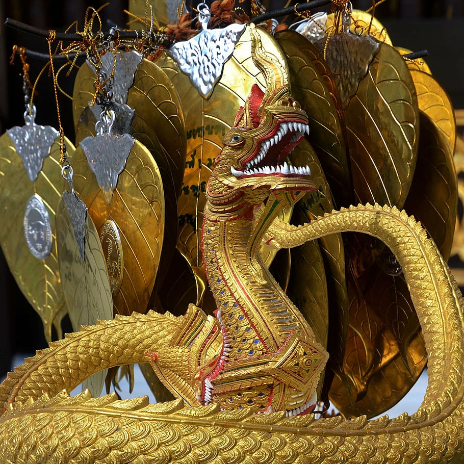 closeup, gold dragon figurine, dragon, leaves, gold, spiritual, leaf, decoration, design, traditional