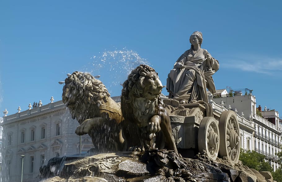 woman, riding, lion carriage statue, source, cybele monument, madrid, architecture, sculpture, art and craft, representation