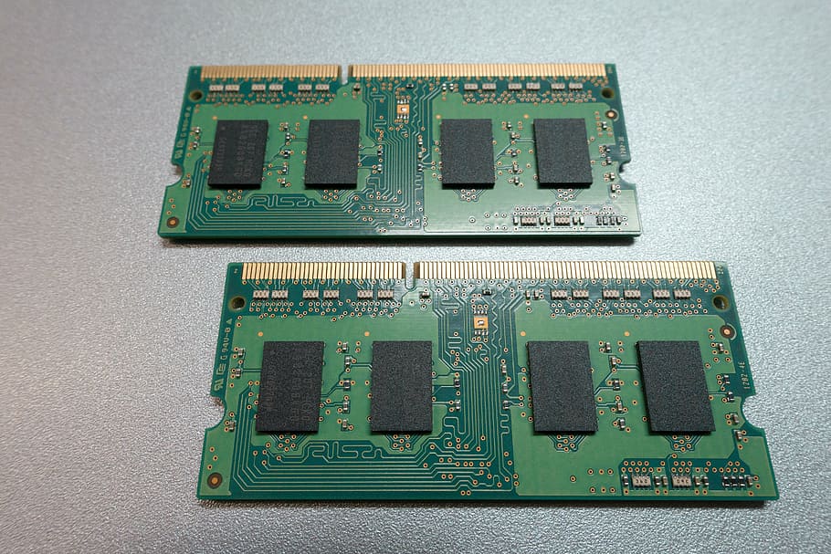 two, ddr1, ram, sticks, printed circuit board, memory, green, fund, silver, laptop