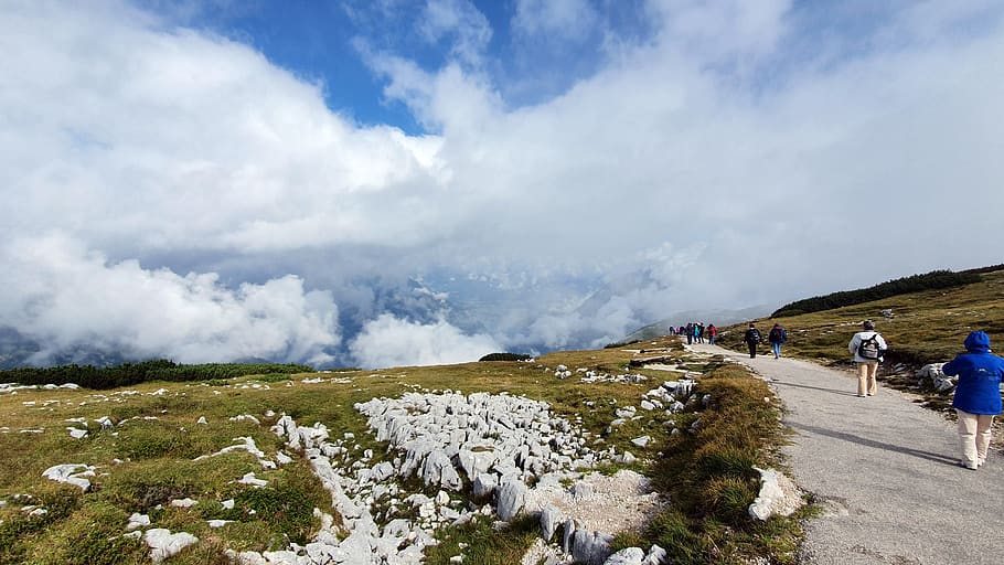 krippenstein, panorama, alpine, landscape, dachstein, cloud - sky, group of people, real people, leisure activity, beauty in nature