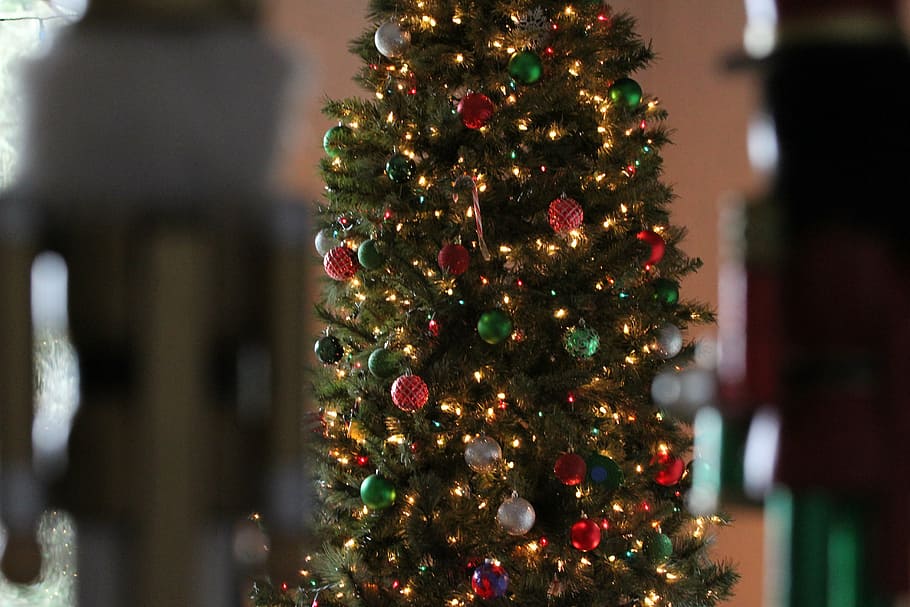 green, christmas tree, baubles, lighted, string lights, selective, focus photography, focus, christmas, tree