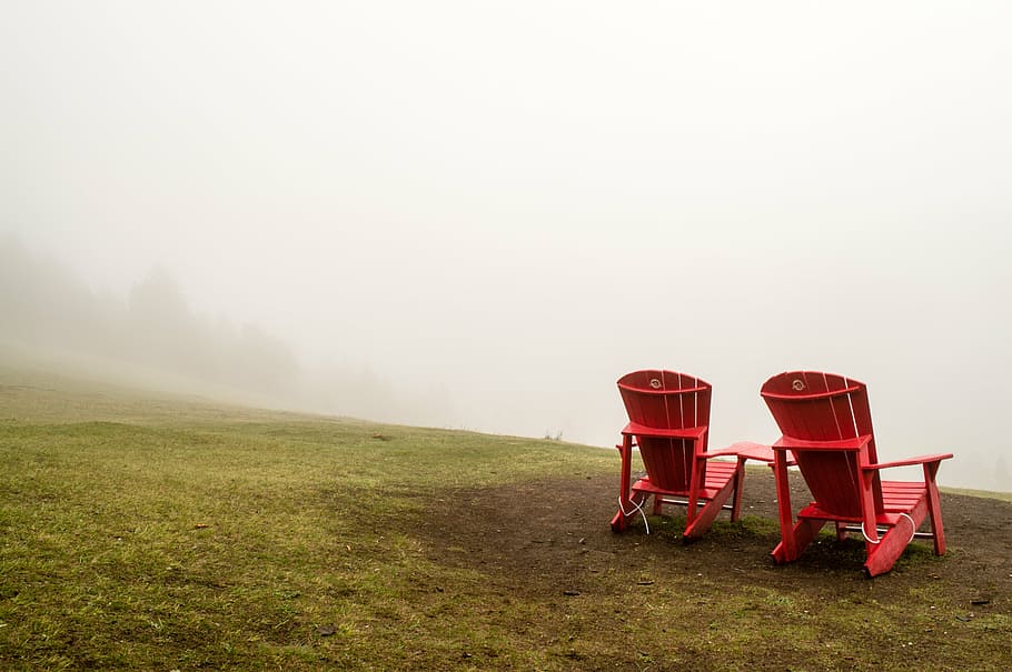 two, red, adirondack chairs, field, adirondack, chairs, mountain, top, foggy, background