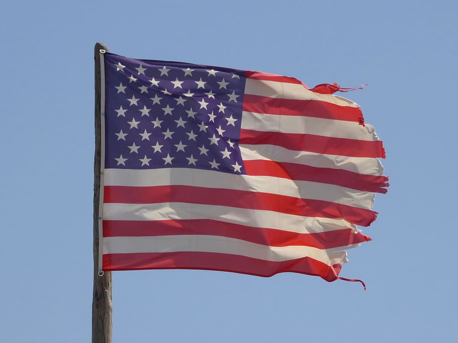 flag, america, usa, ripped, wind, sky, stripes, country, sign, states