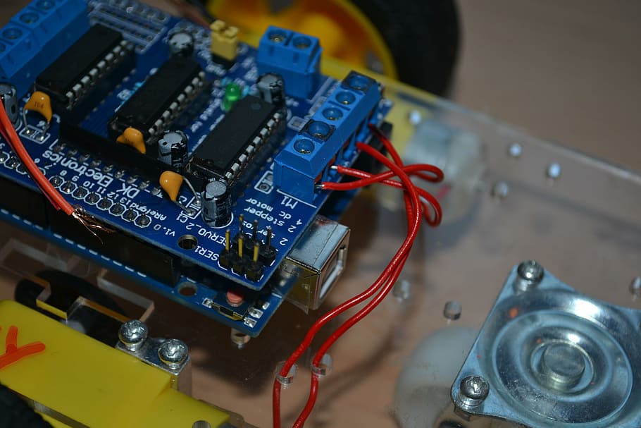 foto de primer plano, azul, negro, placa de circuito, arduino, placa, electrónica, motor, cable, tecnología