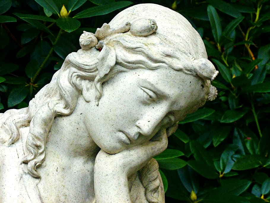 female, statue, leafed, plants, angel, woman, head, face, figure, sculpture