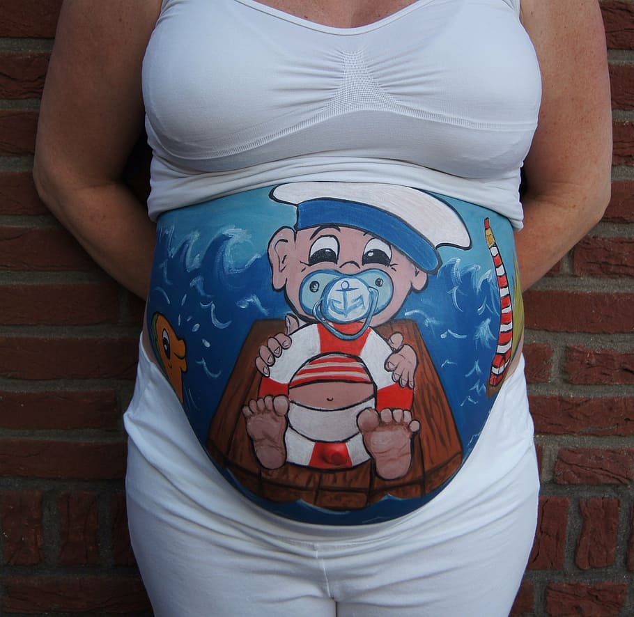 pregnant, bellypaint, belly painting, baby, sailor, one person, midsection, representation, human body part, real people