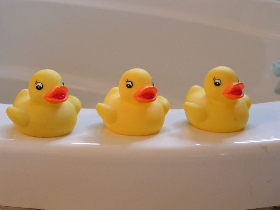 three, toy ducks, white, marble bathtub, toy, ducks, marble, bathtub, rubber duckies, yellow