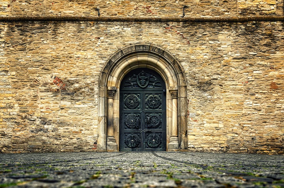 objetivo, portón, puerta, entrada, históricamente, portal, arquitectura, edad media, albañilería, pared