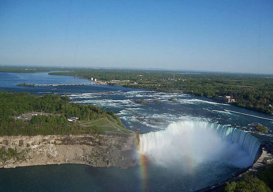 aerial, falls, rainbow, mountains, landscape, nature, canadian, niagara, water, sky