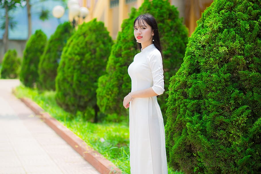 school girl, student, long dress, schools, viet nam, women, young adult, one person, standing, plant