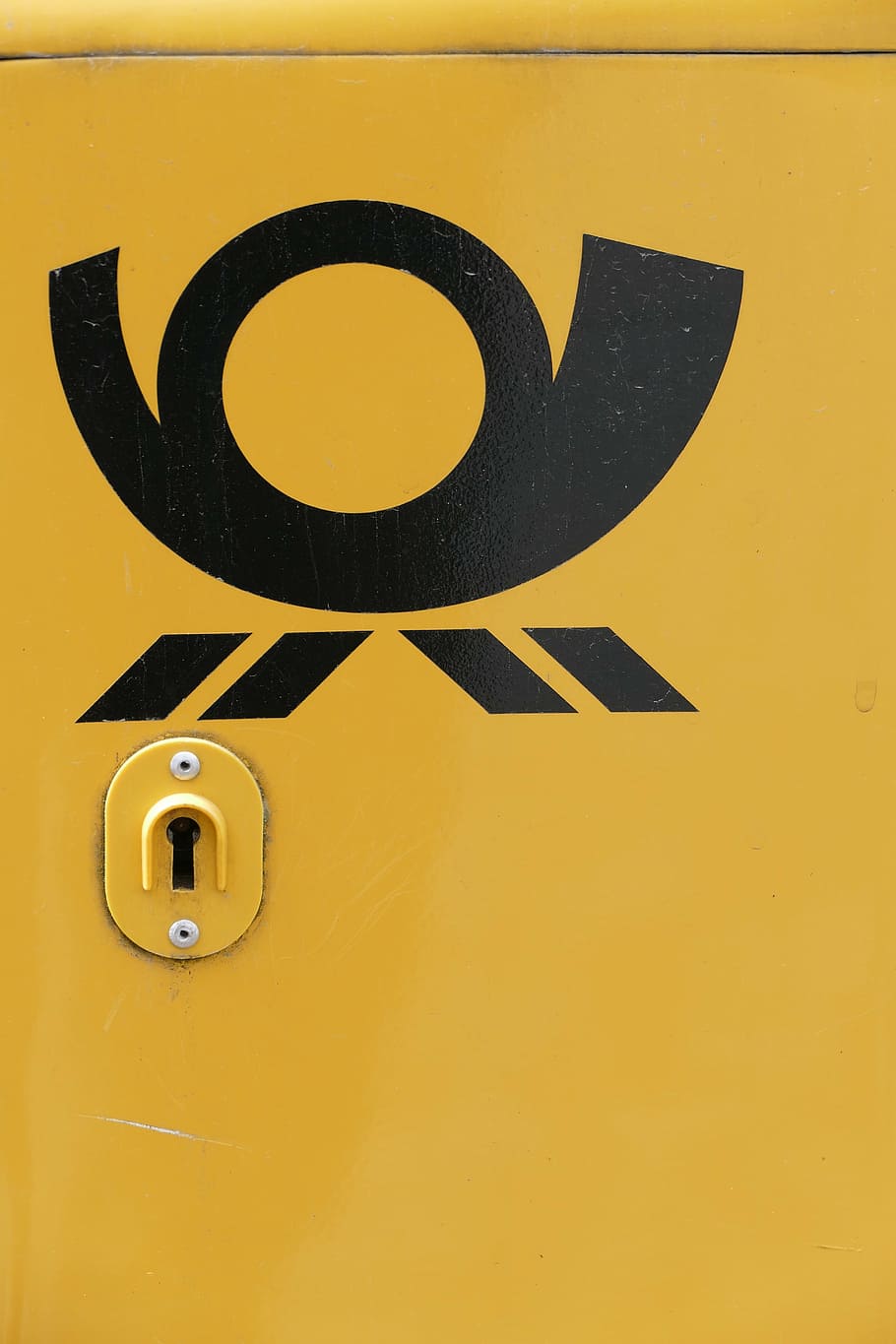 letter boxes, deutsche post, post horn, yellow, close-up, black color, indoors, metal, safety, communication