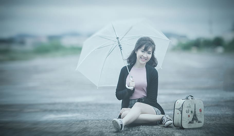woman, holding, umbrella, sitting, road, daytime, laugh, beautiful women, beauty, smiling