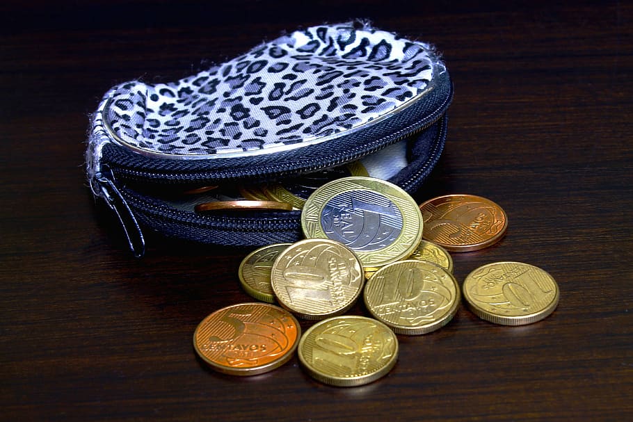 blue, purse wallet, lots, coins, Wallet, blue purse, coinage, currency, gold, money