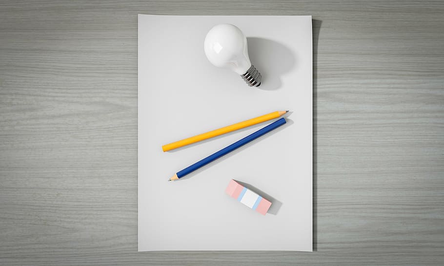 two, yellow, blue, pencils, led, bulb, eraser, white, surface, idea