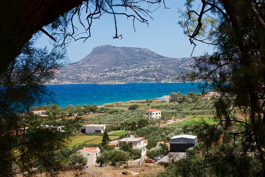 landscape, crete, greece, sea, mountain, view, cretan, mediterranean, coast, summer