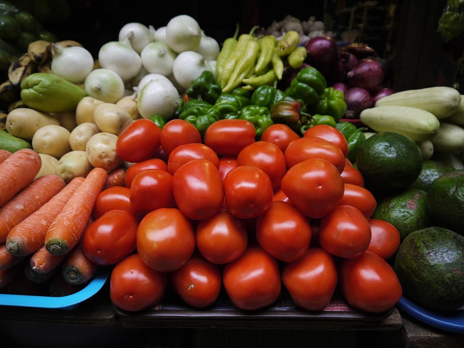 Verduras, tomates, zanahorias, rojo, frisch, alimentos, mercado, alimentos crudos, cocina, gran grupo de objetos