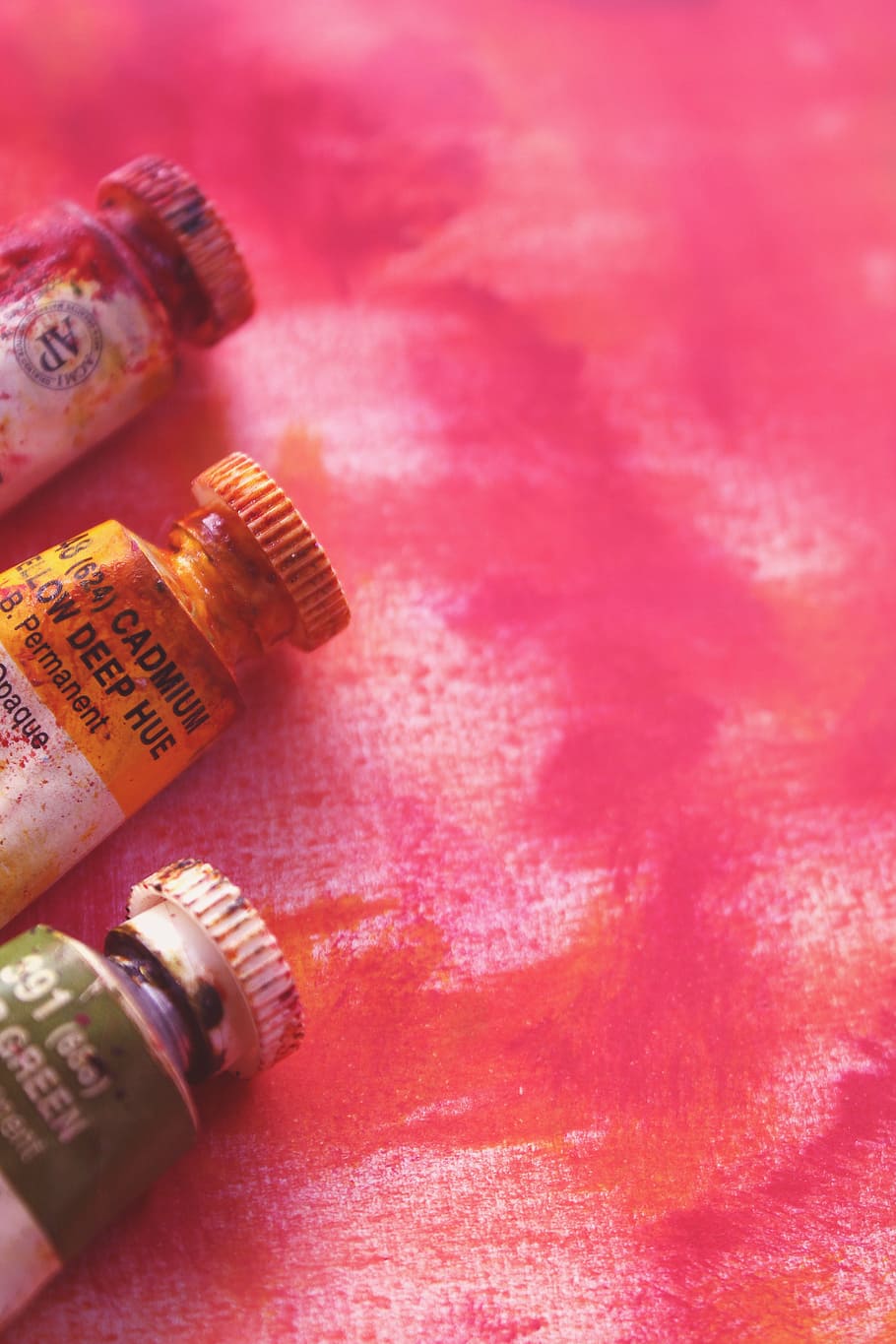 three, assorted-color plastic bottles, bright, paint, colour, pink, brushes, artist, art, close-up