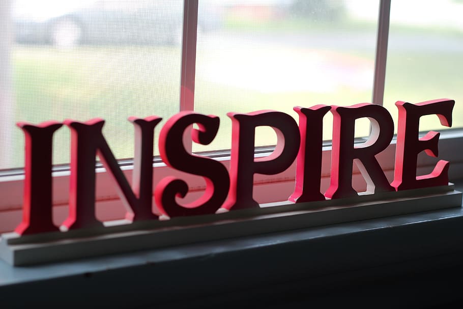 selective, focus photography, inspire, freestanding letters, window, inspiration, indoors, communication, red, text