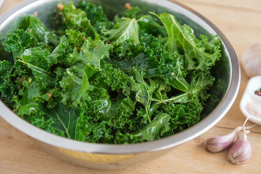 green, leaves, stainless, steel bowl, table, kale, garlic, chips from kale, foliage, cabbage